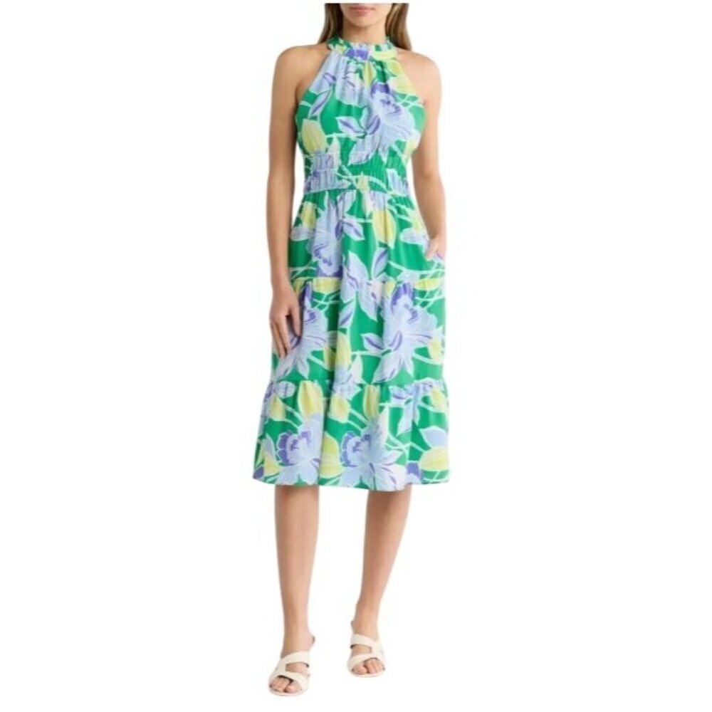 Eliza J Womens Green Blue Floral Pockets Halter Tiered Midi Dress Sz 12 New